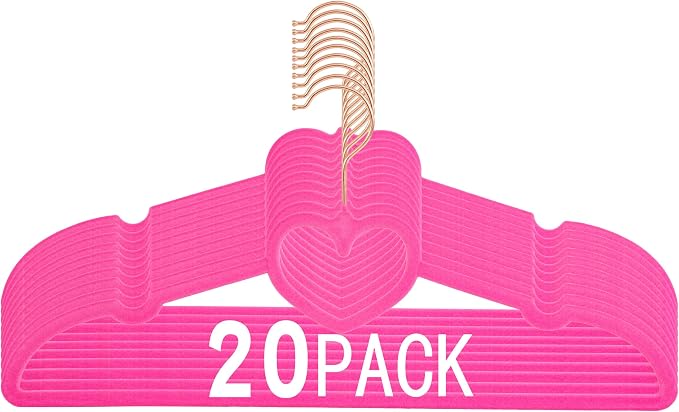 Velvet Hangers 20 Pack,16 Inch Non Slip Adult Heart Hanger(Hot Pink) | 360° Swivel Hooks, Cascade Design, Space Saving