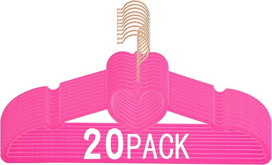 Velvet Hangers 20 Pack,16 Inch Non Slip Adult Heart Hanger(Hot Pink) | 360° Swivel Hooks, Cascade Design, Space Saving