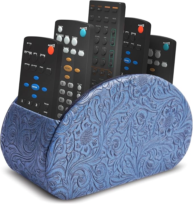 Remote Control Holder, PU Leather Remote Caddy Desktop Organizer with 5 Spacious Compartments for TV Remotes/Media Controllers/Office Supplies (1-Carved3 Blue