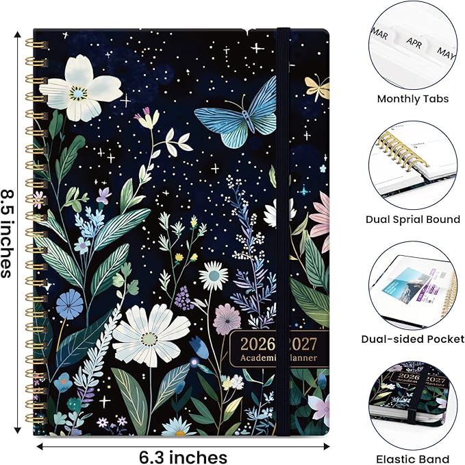 Planner 2026-2027, Hardcover Monthly and Weekly Academic Planner July 2026 - June 2027, Teacher and Student Calendar Agenda Book with Tabs, A4 (8.5" x 11"), Ideal for School and Office, Floral Planner, Celestial