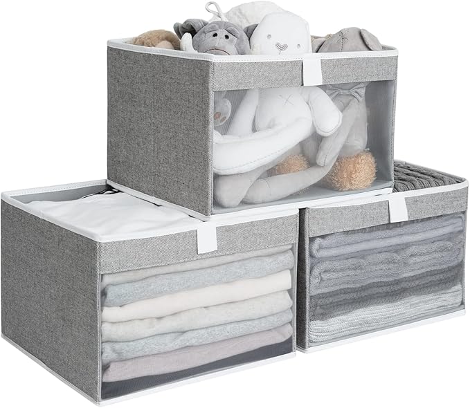 StorageWorks Closet Storage Bins, Large Storage Baskets with Clear Window and Handles, Foldable Fabric Organizer for Clothes, Shelves, Gray, 3 Pack