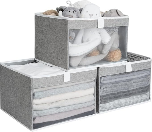 StorageWorks Closet Storage Bins, Large Storage Baskets with Clear Window and Handles, Foldable Fabric Organizer for Clothes, Shelves, Gray, 3 Pack