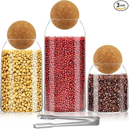 SuproBarware 3Pcs Glass Jar with Round Ball Cork,Coffee Bean Jar Glass Cork Clear Glass Bottles with Cork Glass Canisters for Food, Coffee, Sugar, Spice, Tea,DIY (500ml / 700ml / 1000ml)