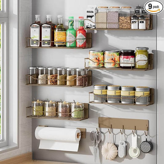 Magnetic Spice Rack for Refrigerator, 9 Pack Magnetic Fridge Shelves W/Adjustable Paper Towel Holder, Hook Rack, Moveable Spice Organizer Shelf for Kitchen Organization and Storage (Brown)
