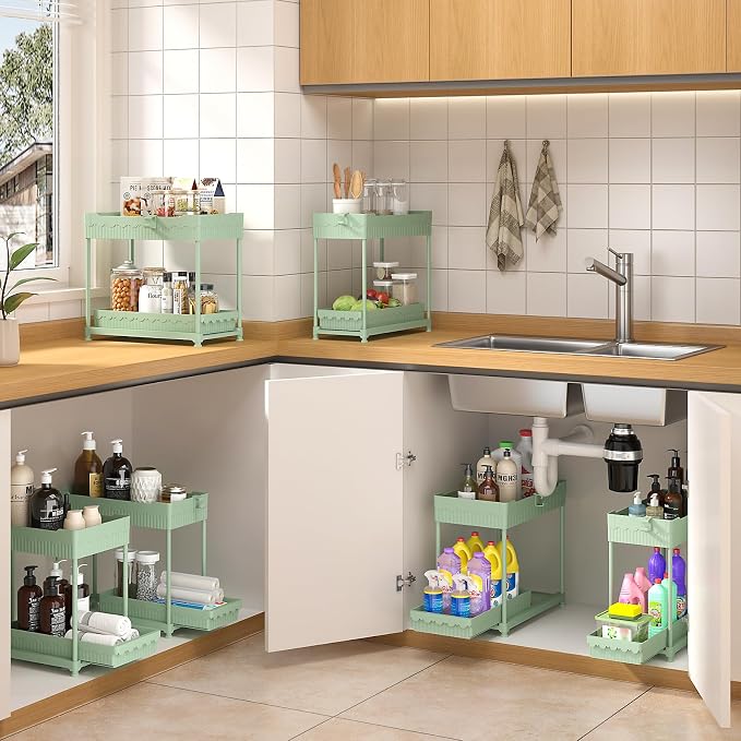Sevenblue 4-Pack 2-Tier Under Sink Organizer with Pull Out Drawers | Multi-use kitchen & bathroom storage. Includes hanging hooks and cups. Green, space-saving cabinet design. 12.8 Inch