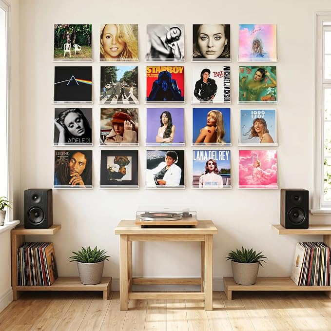 Gotega 20 Pack Vinyl Record Shelf Wall Mount, 12 inch Album Record Holder Display, Clear Acrylic Floating Shelves for Wall, Suitable for Bedroom, Living Room, Magazine Shelf, Kids Bookshelf, etc