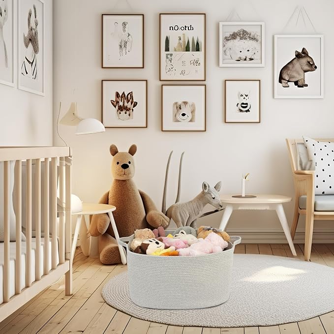 XUANGUO Large Rectangle Blankets Basket Living Room 22"x17"x12" Woven Cotton Rope Storage Baskets for Nursery Toy Baskets for Kids and Dogs Laundry Basket Bin for Clothes Towels grey
