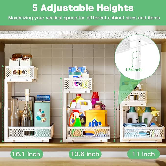 Under Sink Organizer 2 Pack, High Adjustable 2 Tier Under Sink Organizers and Storage, Slide out Metal Cabinet Organizers, Pull out Storage Drawer Shelf for Kitchen Bathroom Cabinet (White-1 pack)