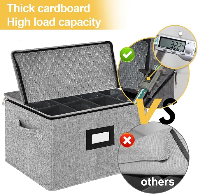 homyfort Wine Glass Storage Box, China Storage Containers with Dividers, Stemware Storage Case Holds 12 Wine Glass or long stem Crystal Glassware with Handles, Hard Shell and Stackable (Grey)