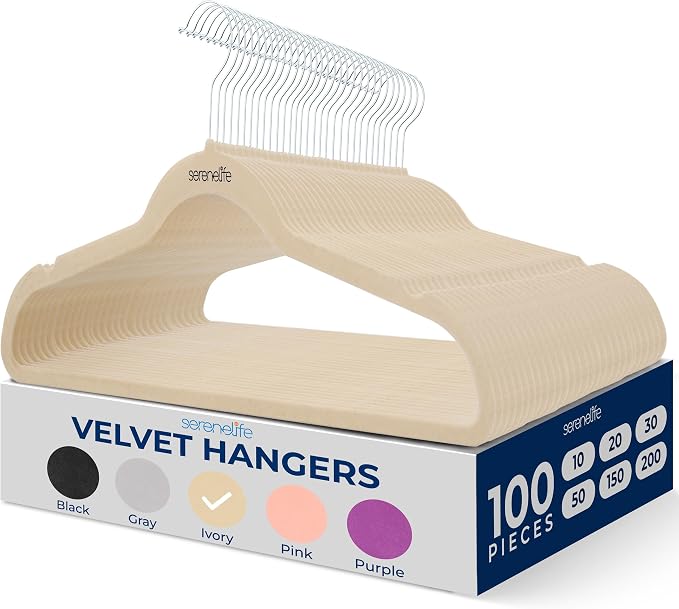 SereneLife Velvet Hangers – 100 Pack, Slim & Space Saving for Closets | Soft velvet grip prevents slipping on silk, satin & knitwear – 360° swivel hook fits all standard closet rods