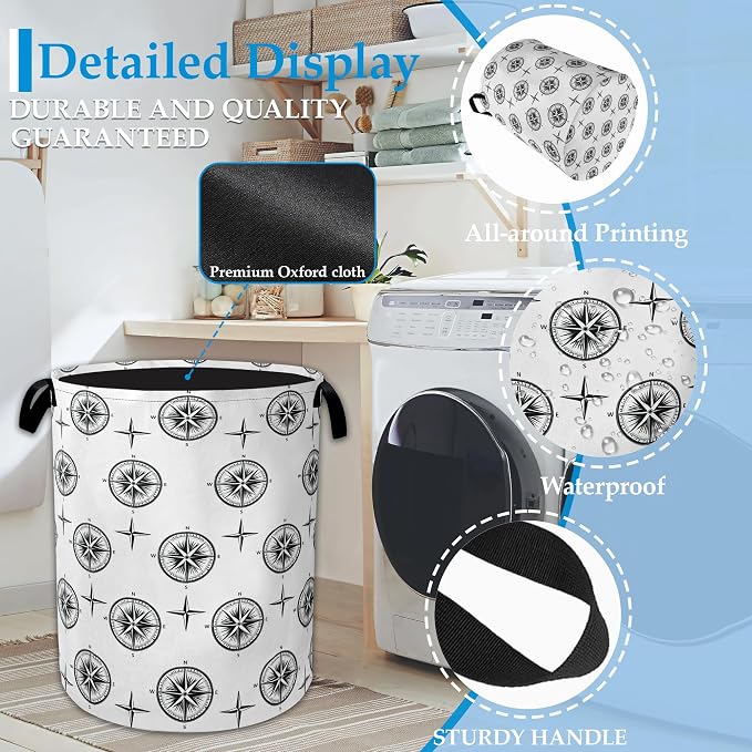 Black Compass Laundry Basket Collapsible Laundry Hamper Clothes Storage Bin for Bathroom Bedroom Room Decor 16" X 20.8"
