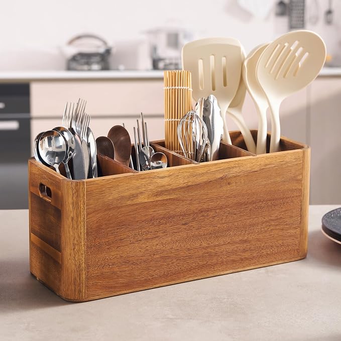 16" Wooden Kitchen Utensil Holder, Extra Large Acacia Wood Organizer for Cooking Tools, Utensils & Cutlery Storage – 4-Compartment Countertop Holder
