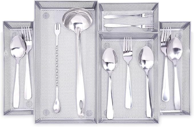 WuGeShop Mesh Silverware Tray Drawer Organizer, Kitchen Utensils Flatware with Anti-slip Mats, Silverware Storage Cutlery Tray for Knives Fork Spoon (5 Separate Compartments, Silver)