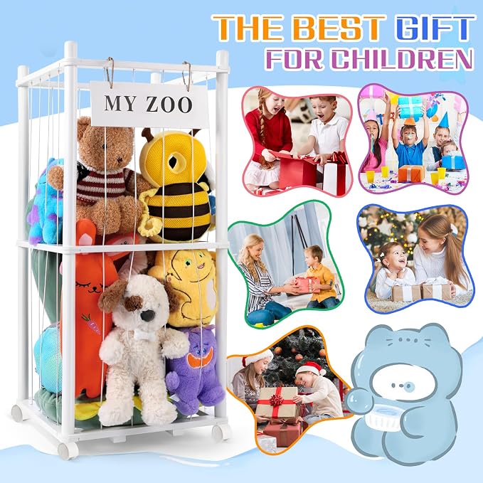GLDZI Stuffed Animal Storage Zoo with Wheels, Wooden Stuffed Animal Organizer with Elastic Cords, Space Saving Toy Plushies Storage Holder for Playroom, Bedroom, Living Room(White, Small)