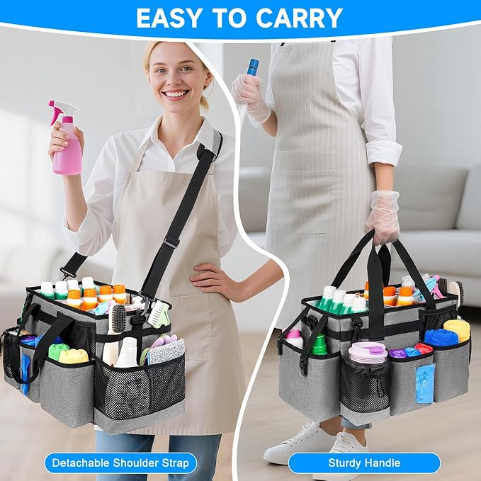 Cleaning Caddy Bag, Cleaning Supplies Organizer for Housekeepers, Housekeeping Caddy with Handle and Detachable Padded Cushion, Gray