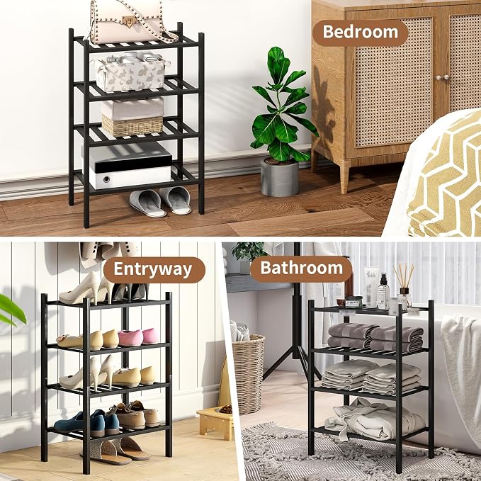 Bamboo Shoe Rack Stackable Shoe Shelf Storage Organizer for Unit Entryway Hallway and Closet Sturdy Freestanding Small Shoe Shelf(4S Tier Black)