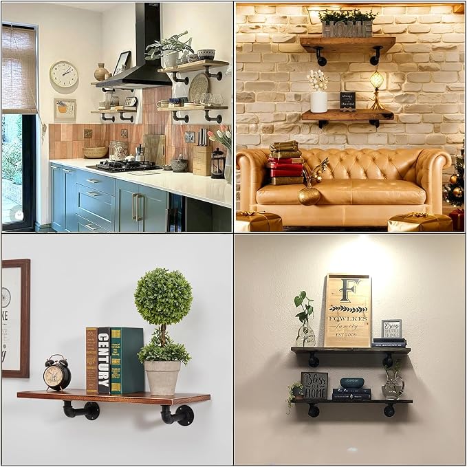Industrial L Pipe Shelf Brackets for 7-14 in Depth Wood,Heavy-Duty 3/4" Iron,Wall Mount Floating Shelf Bracket L Metal Pipe Shelving Brackets for Wood-Black DIY Pipe Shelves(6.7*3.1 Inch 4 Pack)