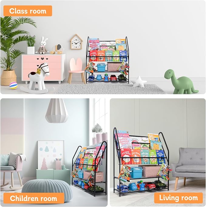 Metal Kids Bookshelf 5-Tier, Space Saving Book Storage with Toy Organizer, Durable Children Bookcase for Playroom Nursery Bedroom, Rust-Resistant Steel Frame, Montessori Classroom Shelf (Dark Black)