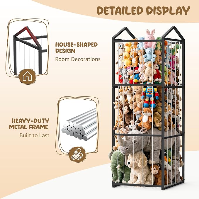 NomNest Stuffed Animal Storage Zoo, Large Metal Plushies Organizer, Heavy Duty Metal Teddy Bear Toy Holder for Kids' Bedroom & Playroom & Nursery (Non-Wheeled, Black)