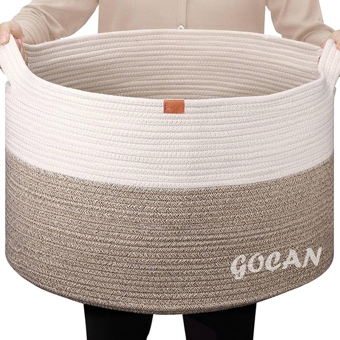 GOCAN Extra Large Laundry Basket toy storage 22"X22"X14" blanket basket Cotton Rope Woven Baskets with Handles for Living Room (Brown/Beige) XXXL