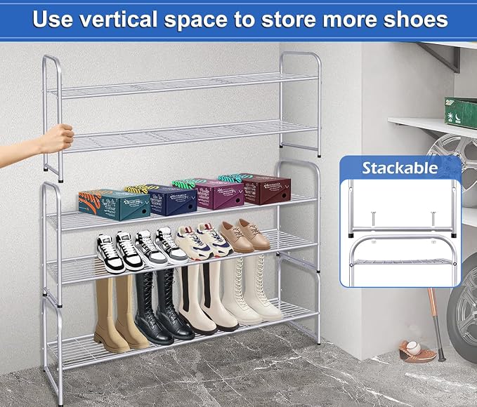 KEETDY 2-Tier Long Shoe Rack for Closet Shoe Organizer for Entryway, Metal Stackable Shoe Storage Shelf for 18 Pairs Sneakers with Strong Wire Grid, Gray