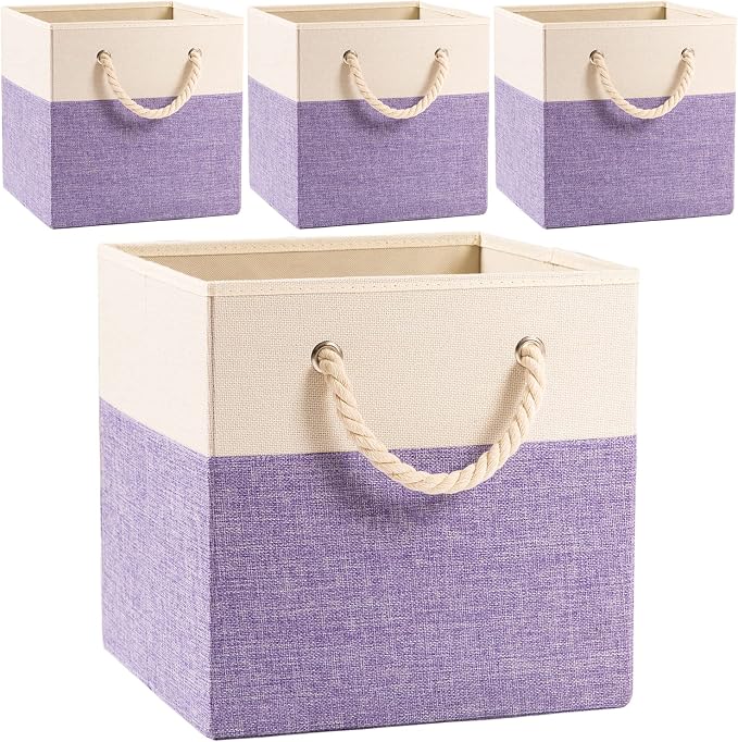 PRANDOM Large Foldable Cube Storage Bins 11x11 inch [4-Pack] Fabric Linen Storage Baskets Cubes Drawer with Cotton Handles Organizer for Shelves Closet Bedroom Purple