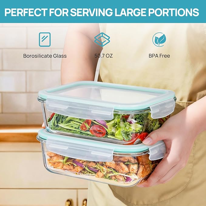 Vtopmart 2Pack 1500ml/50.7oz Large Glass Storage Containers With Lids, Green