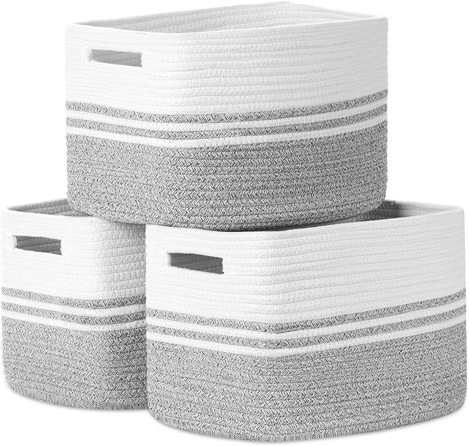 Temary Woven Storage Baskets, Set of 3 Rope Baskets for Storage Clothes, Towels, Versatile Boho Storage Bins (White&Grey, 13"x9.8"x8.5")