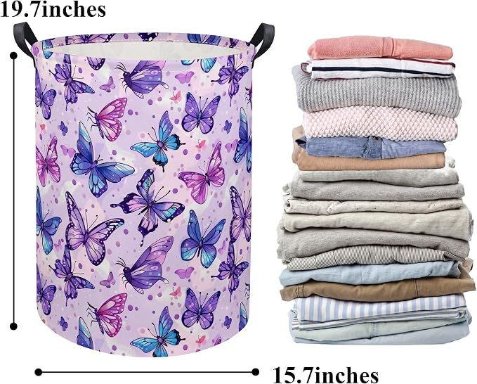 Baby Laundry Basket Baby Hamper for Nursery Girl Kids Butterfly Hamper Cute Kids Storage Bin Organizer Room Decor for Home(Purple Butterfly)