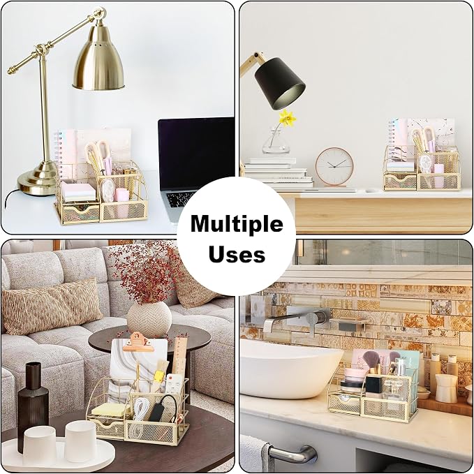 Exerz Desk Organizer Golden Office Desk Accessories Supplies Office Storage Desktop Pencil Pen Holder with Drawer Home Workspace