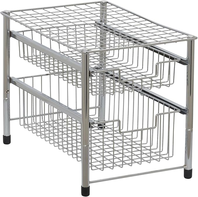 Household Essentials Free Standing Two Basket Sliding Cabinet Organizer with Metal Frame, Silver Finish