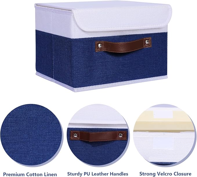 ANMINY 2PCS Storage Boxes with Lids Washable Decorative Storage Bins Basket with PU Leather Handle Foldable Linen Fabric Storage Cubes Containers for Home Closet Organizer - Deep Blue White, Medium