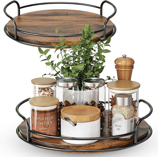 LAMU 2 Pack 10'' 12'' Lazy Susan Turntable Organizer for Table Top Cabinet, Wooden Lazy Susan for Kitchen, Pantry, Countertop, Bathroom Vanity, Spice Organization, Wood Decor