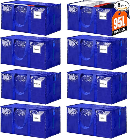 8 Pack Extra Large Heavy Duty Moving Bags,Blue Waterproof Storage Bags with Lids,Moving Boxes with Zippers & Reinforced Handles,Storage Bins Packing Bags for College Dorm,Traveling,Moving Supplies