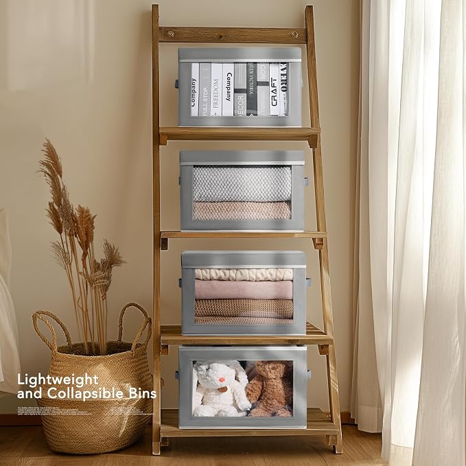 Homsorout Large Storage Baskets with Lids - Stackable Cube Bins for Closet, 6 Pack Grey Windows Organizer Bins, Home Organizers and Storage for Clothes, CD, Towels