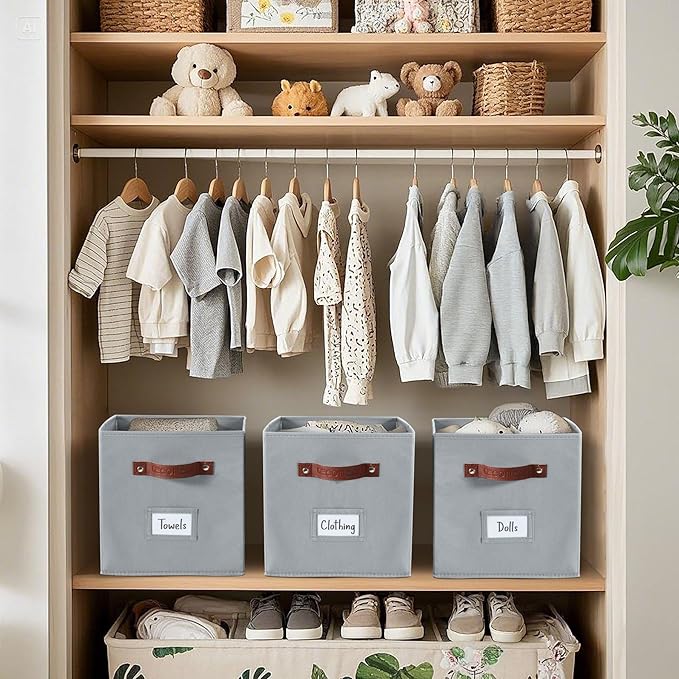 DECOMOMO Storage Bins, Storage Baskets for Shelves | 13" x 15" x 13" Storage Cube Bins with Labels for Organizing Shelves (Kallax, 4pcs, Grey)