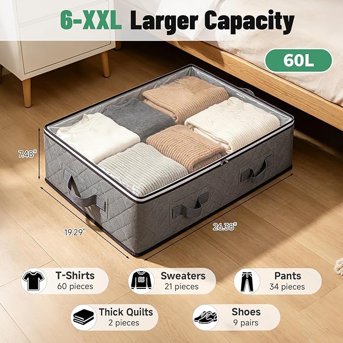 Pterying 6 Pack Under Bed Storage Containers with Transparent Clear Window | Underbed Storage Bins with Reinforced Handles, Dual-Zipper for Clothes, Comforters, Blankets and Bedding, Gray