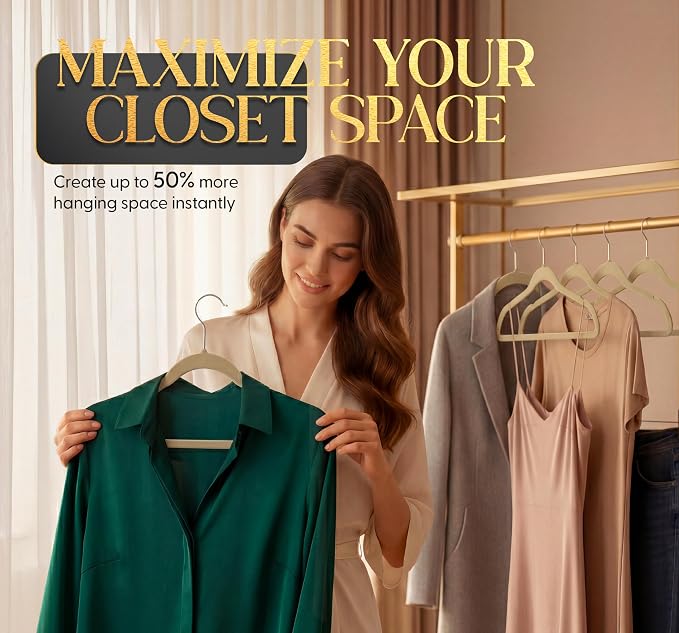 Beddora Velvet Hangers 50-Pack,Beige Non-Slip Slim Space-Saving Closet Organizer, Suit & Coat Hangers, Heavy-Duty, 360° Swivel Hook
