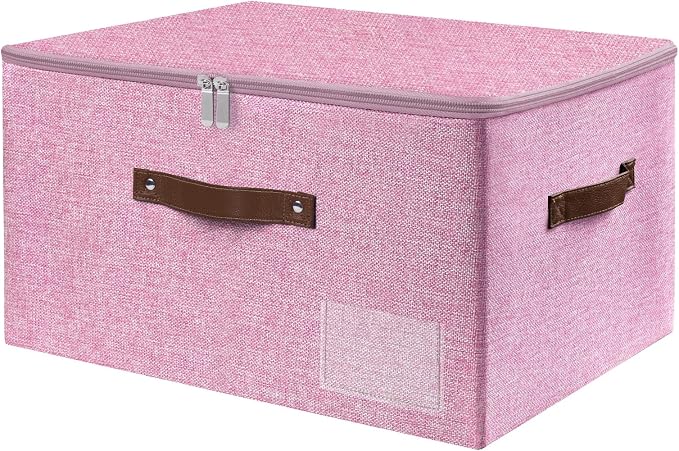 ANMINY Storage Bins with Zipper Lid Storage Boxes with Label Holder PU Leather Handles Washable Foldable Decorative Lidded Cotton Linen Fabric Cubes Baskets Closet Organizer - Pink, Large