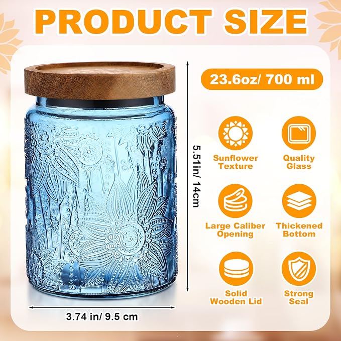 LemonRoad 2 Pcs Vintage Blue Glass Storage Jars 23.7 oz Mason Jar Canister with Wood Lids Food Storage Container for Cookie, Pantry, Candy Kitchen, Coffee, Tea, Flour, Sugar, Decorative Home Decor