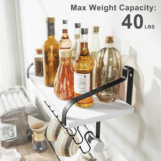 Love-KANKEI 17.3" Floating Wall Shelf Solid Wood/Bracket,Coffee Bar,White | Spice Rack,Towel Bar/8 Hooks,40 Lbs/shelf,Easy to Install,For Kitchen,Bathroom,Living Room,Bedroom,Office,Entryway Display