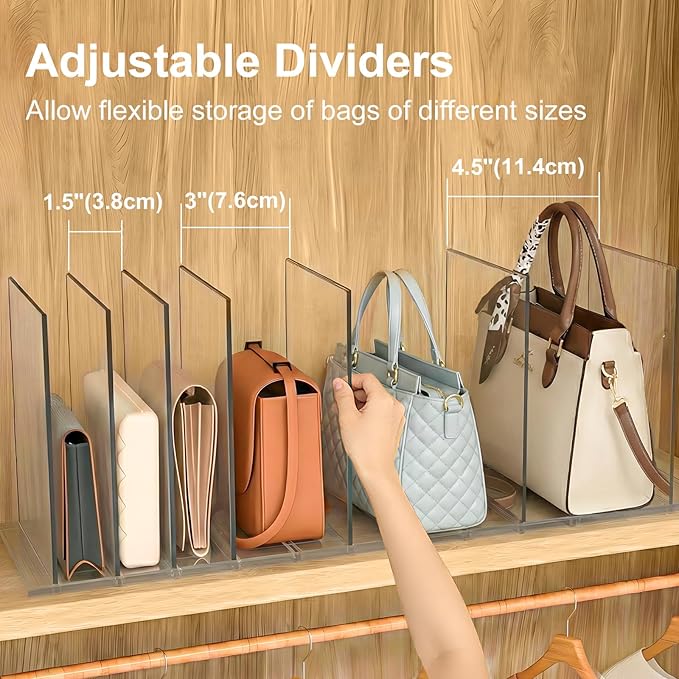 SortNStore Bag & Purse Organizer for Closet: Adjustable Clear Handbag Storage Shelf - Plastic Clutch Dividers for Closet Organizers and Storage - Keep Carteras & Pocketbook Upright
