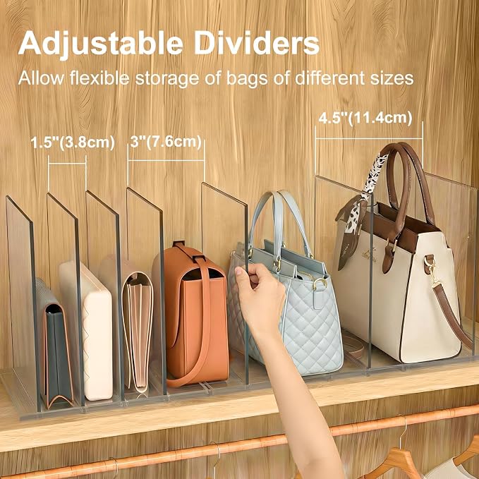 SortNStore Bag & Purse Organizer for Closet: Adjustable Clear Handbag Storage Shelf - Plastic Clutch Dividers for Closet Organizers and Storage - Keep Carteras & Pocketbook Upright 3 Pack - 11Dividers