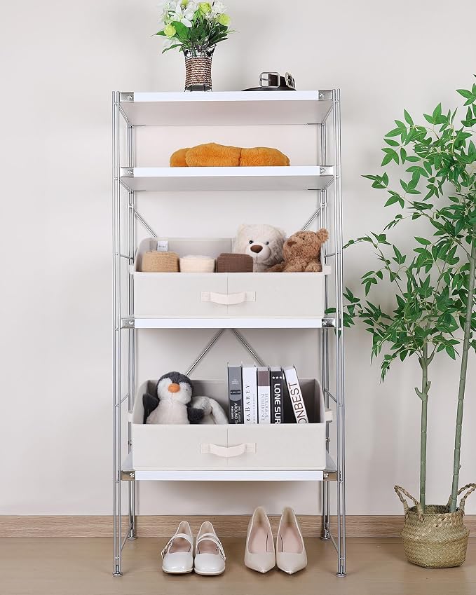 WUIKE 6 Pack XL Trapezoid Closet Bins, White & Beige | Fabric Storage Baskets with Handles, Closet Bins for Clothes, Sheets, Blankets, Towels and Shelf Organization