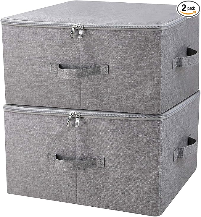 iwill CREATE PRO Folding Storage Box with Zip Lid and Handles, Rigid Storage Baskets With Linen Fabric& Plastic Board, Closet Shelf Drawers,Dark Gray, 2 pcs