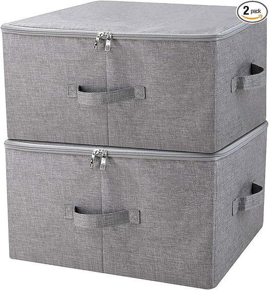 iwill CREATE PRO Folding Storage Box with Zip Lid and Handles, Rigid Storage Baskets With Linen Fabric& Plastic Board, Closet Shelf Drawers,Dark Gray, 2 pcs