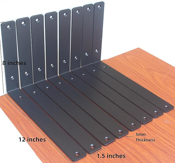 4 Pack - L 12" x H 8" x W1.5, 5mm Thick Black L Shelf Bracket, Iron Shelf Brackets, Metal Shelf Brackets, Floating Shelf, Shelf Supports with Screws