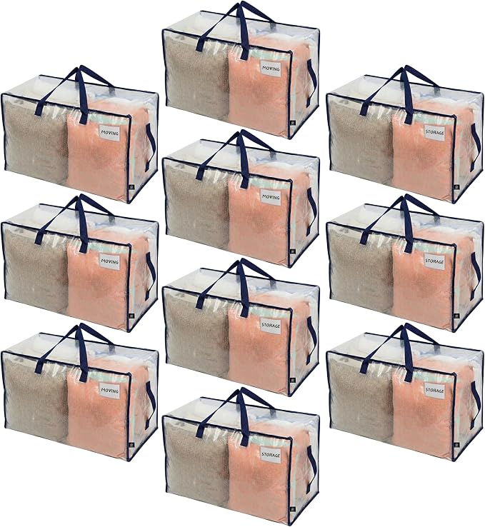 VENO 10 Pack Clear Extra Large Moving Bags & Storage Totes, Heavy Duty Organizer with Reinforced Handles & Strong Zippers for Clothes, College Dorm Essentials, Moving Supplies