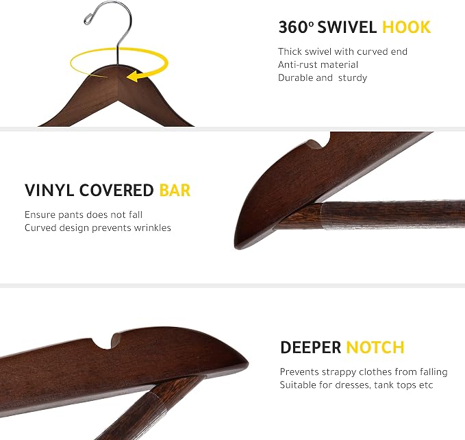 Quality Wooden Hangers - Slightly Curved Hanger 10 Pack Sets - Solid Wood Coat Hangers with Stylish Chrome Hooks - Heavy-Duty Clothes, Jacket, Shirt, Pants, Suit Hangers (Walnut/Retro, 10)