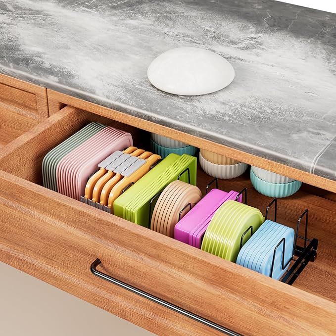Expandable Food Container Lid Organizer, 9 Adjustable Dividers Sturdy Metal Pot and Pan Organizer Rack for Kitchen Cabinets, Drawers, Pantry Shelves, Countertops, Black, 8.15" Wide